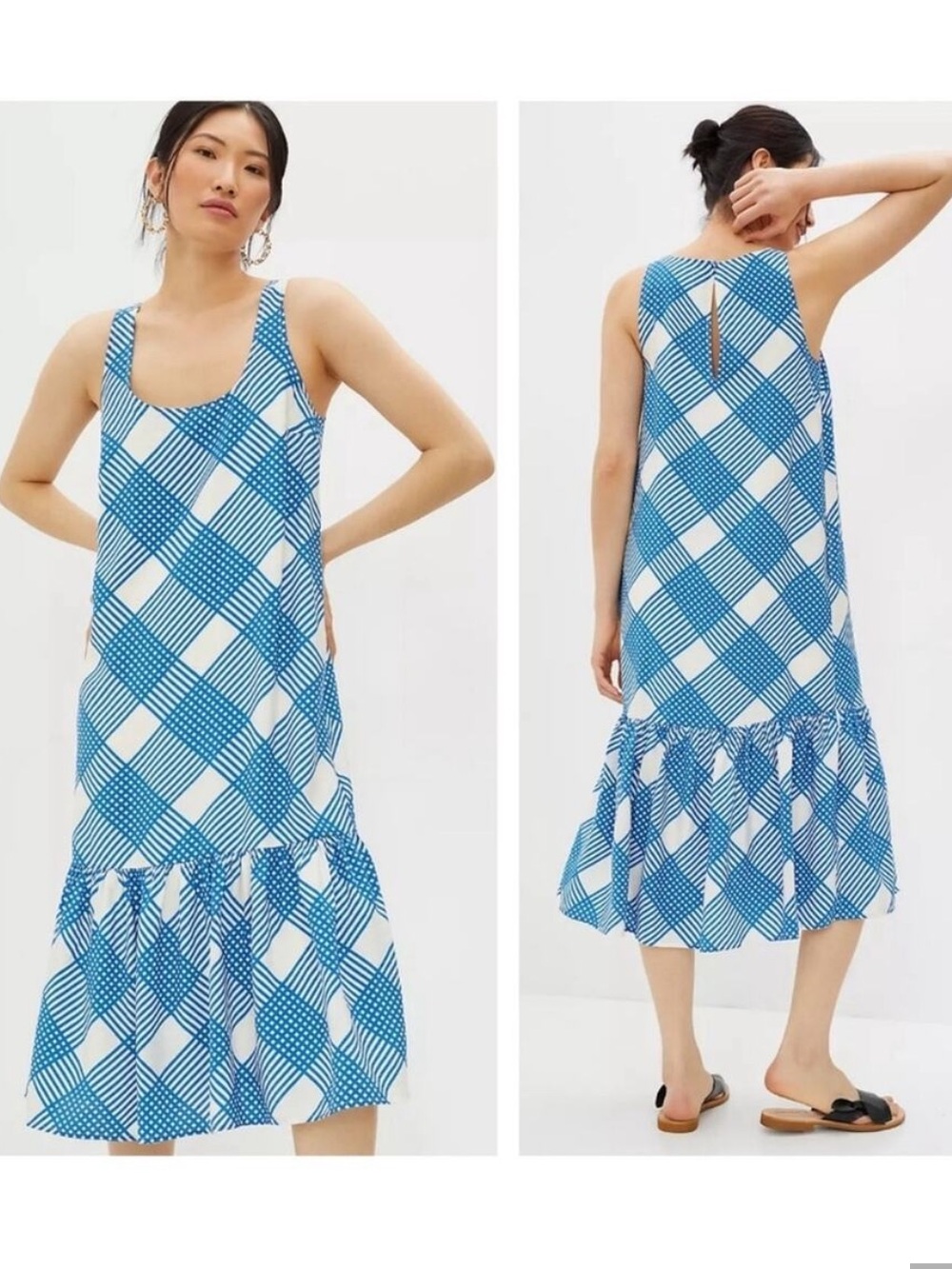 Anthropologie Michaela Blue and White Plaid Sleeveless Midi Dress Flounce Hem